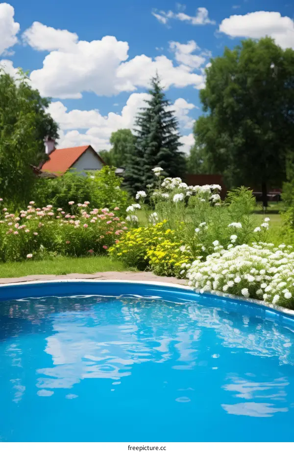 above ground pool in backyard with beautiful flowers and plants