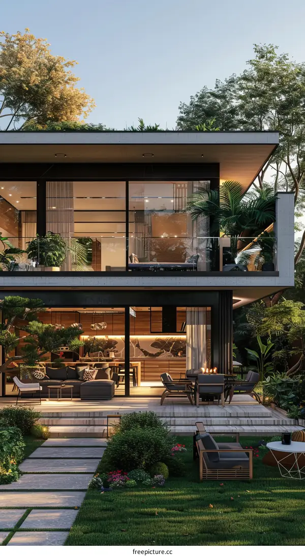 Modern House Exterior Design with Large Glass Windows and Green Garden
