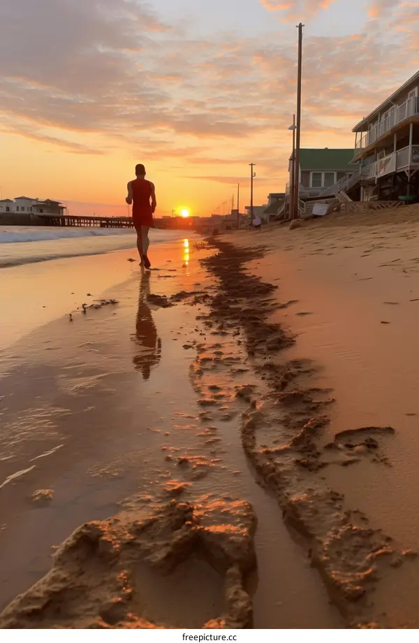 Man running on beach at sunrise