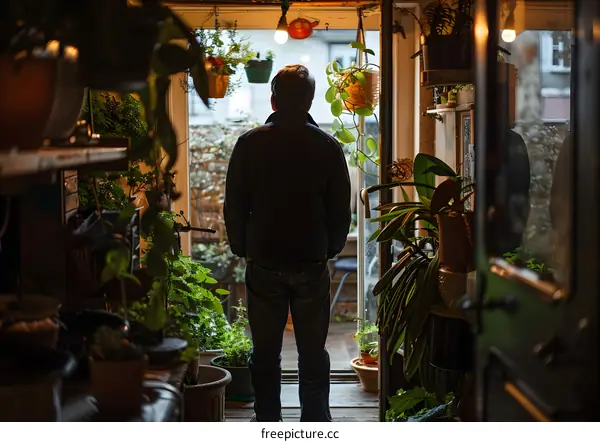 Man Standing in Doorway of Greenhouse with Plants