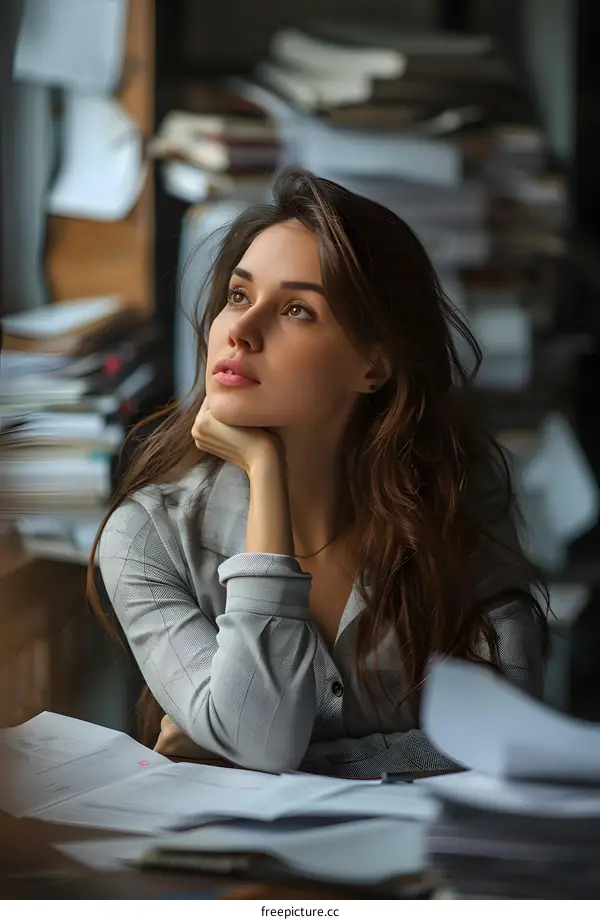 Portrait of a beautiful young woman sitting at a desk and looking away thoughtfully