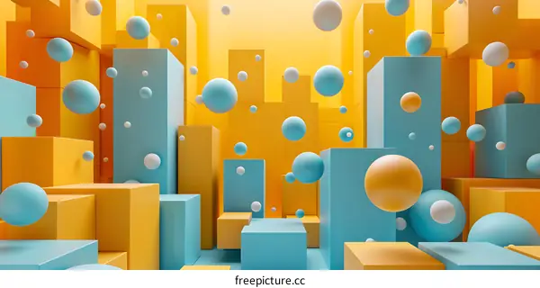 Blue and yellow 3D geometric shapes with floating spheres