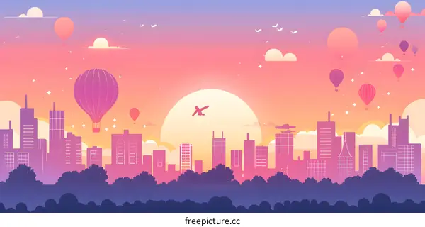 Sunset Cityscape with Hot Air Balloons and Airplane
