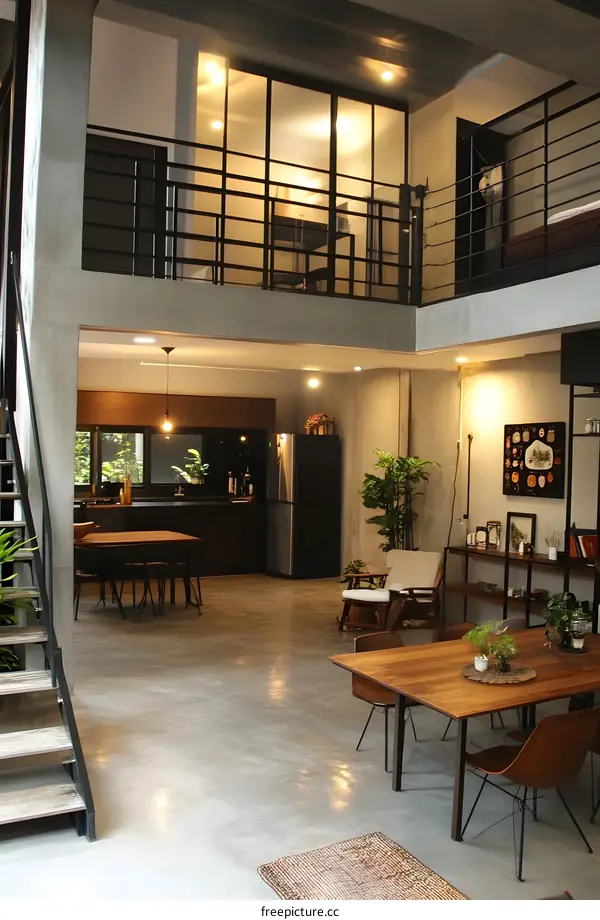 Modern Loft Apartment Interior Design With Concrete Walls and Wooden Furniture