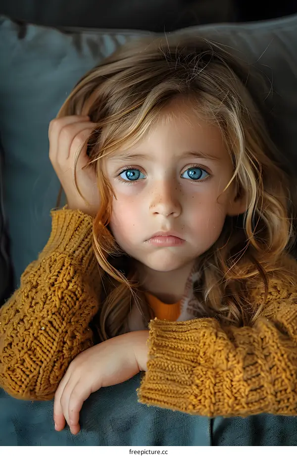 Little Girl with Blue Eyes and Blonde Hair Wearing a Yellow Sweater