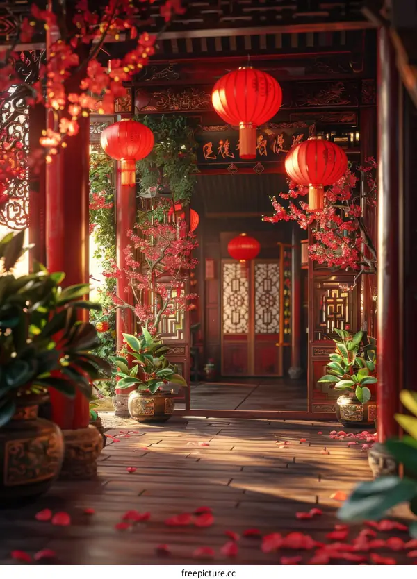 Red Lanterns and Cherry Blossoms in a Traditional Chinese Garden