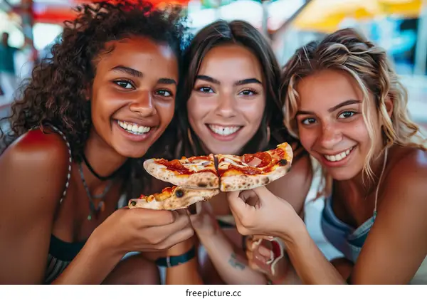 Three young women of different ethnicities are eating pizza and smiling at the camera