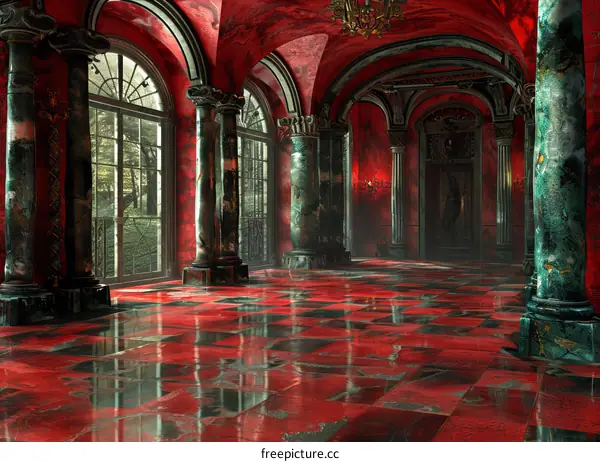 Red and Green Marble Floor in a Columned Hall