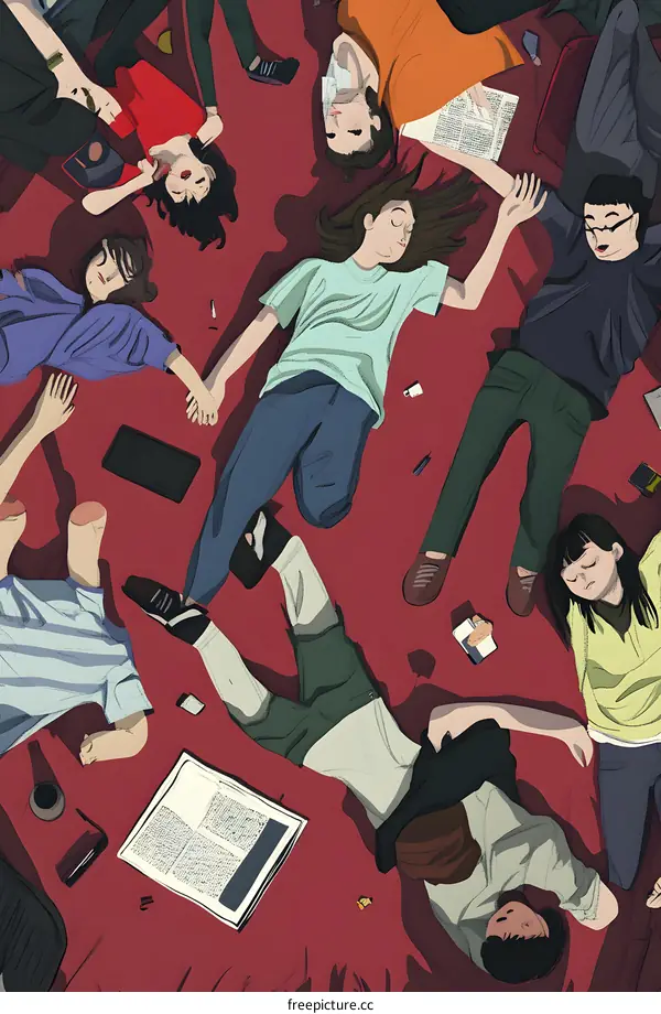 Group of Friends Lying On Red Blanket Holding Hands Illustration