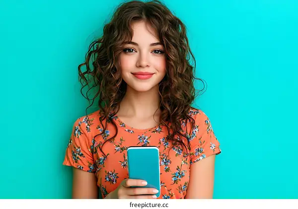 Young Woman Holding Smartphone Against Teal Background