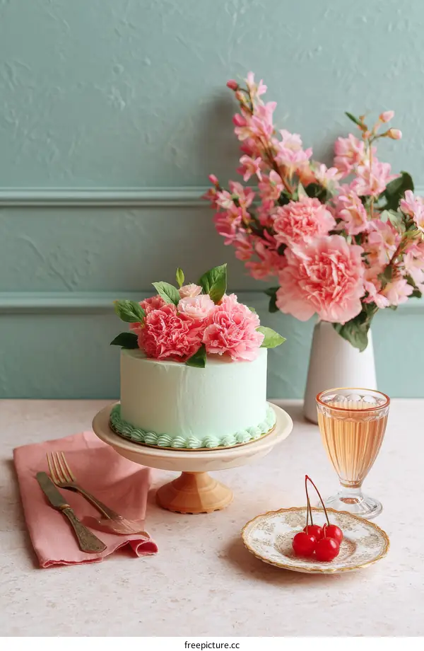 Pink Floral Cake Display with Mint Green Frosting