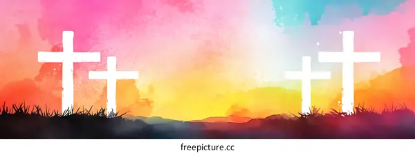 Colorful Watercolor Sunrise with Crosses