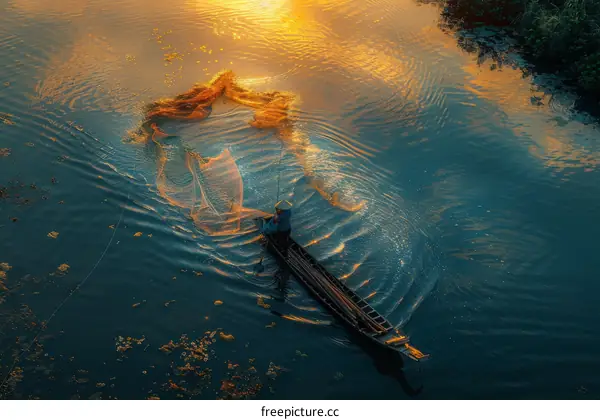 Fisherman alone in boat on river during sunset with net
