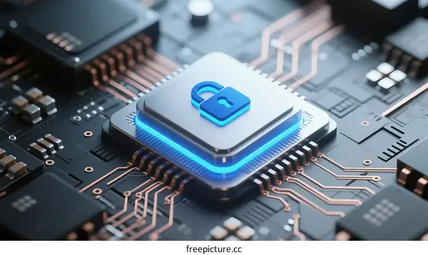 Secure Microchip with Lock Icon on Circuit Board