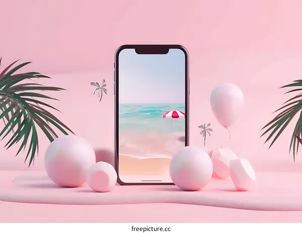 Pink Background with Palm Tree and a Phone with Summer Beach Scene