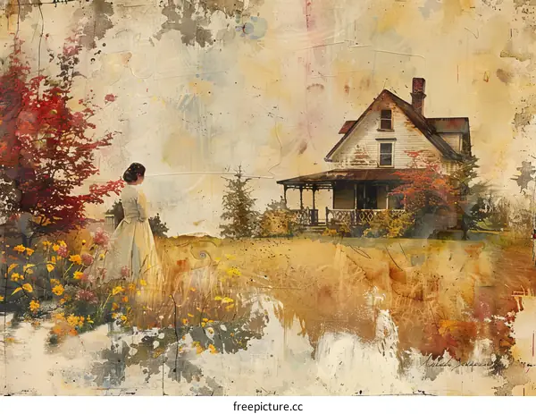Vintage Countryside Scene with Woman and House