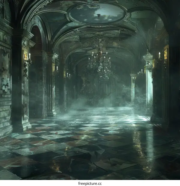 An eerie hallway shrouded in deep darkness