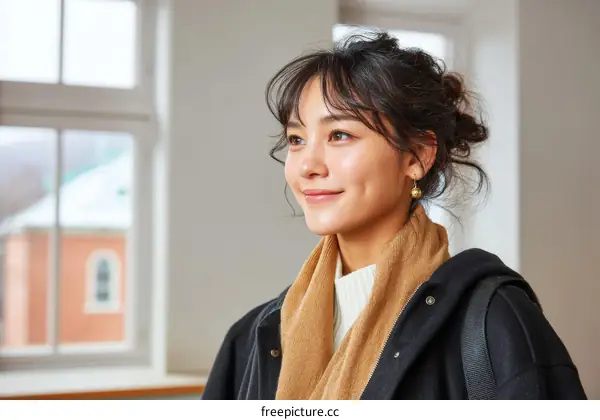 Smiling Asian Woman in Winter Outfit by Window
