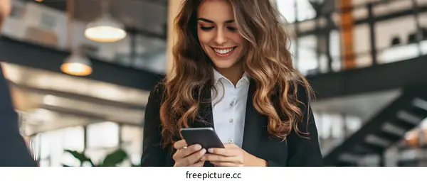 Smiling Woman Using Her Phone in a Modern Office