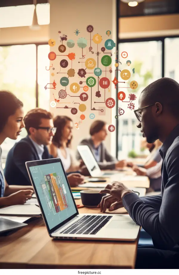 Diverse group of business professionals brainstorming ideas in a modern office space