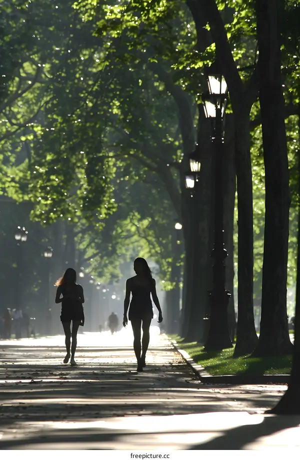 Two Women Walking Through a Tree Lined Path