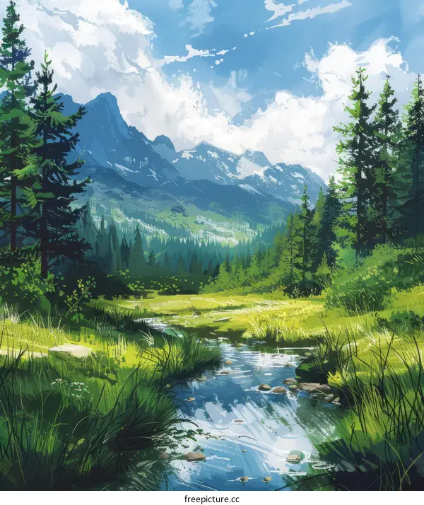 Green valley with river flowing through it and mountains in the distance