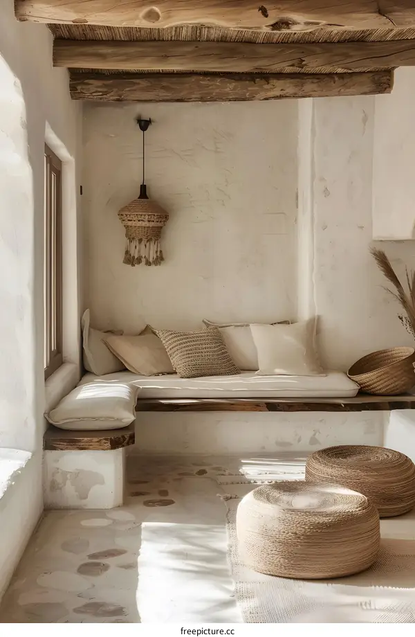 Minimalist Living Room with Natural Woven Furniture and Wood Beams