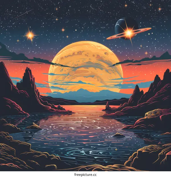 Surreal landscape with a giant moon and a lake in the foreground