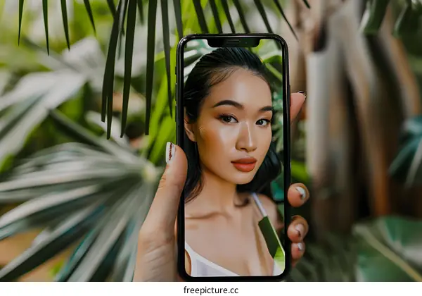 Woman Taking Selfie With Mobile Phone in Tropical Garden