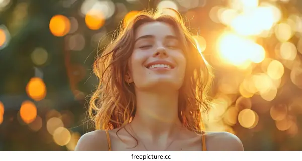 Smiling Blonde Woman Closing Eyes and Enjoying the Sunlight