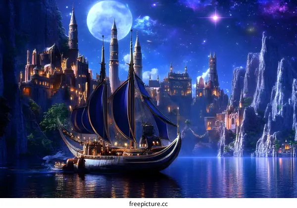 Fantasy Cityscape With Ship Under a Full Moon and Stars