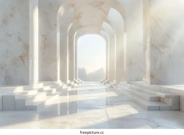White Marble Hallway with Arches and Sunlight
