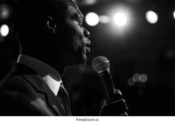 A black man speaking into a microphone with a spotlight in the background