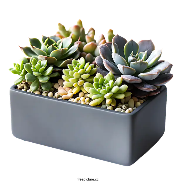 [Transparent Background PNG]Succulents Arrangement in Grey Rectangular Planter