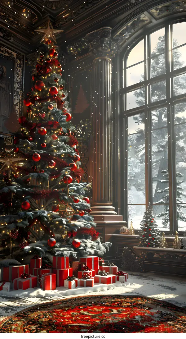 Exquisitely decorated Christmas tree by the fireplace