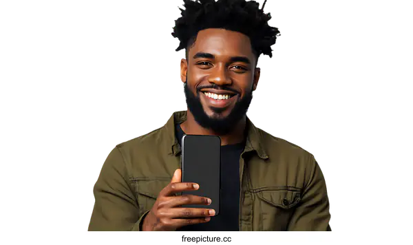 [Transparent Background PNG]African American Man Holding a Blank Smartphone