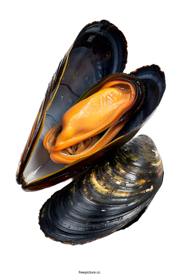 [Transparent Background PNG]opened black mussel with orange meat closeup