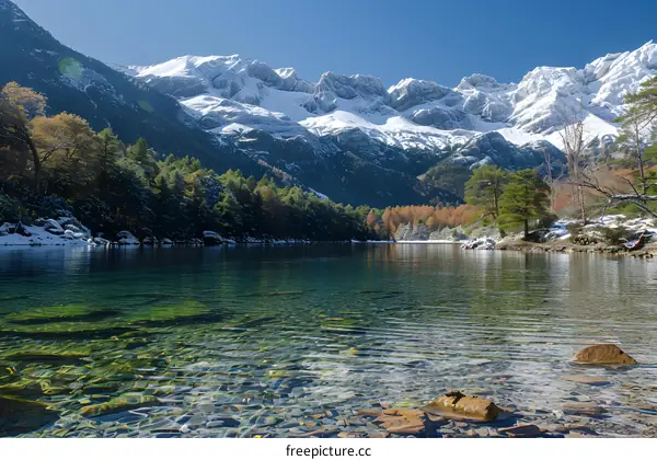 Mountain lake in a valley with snowcapped mountains in the background