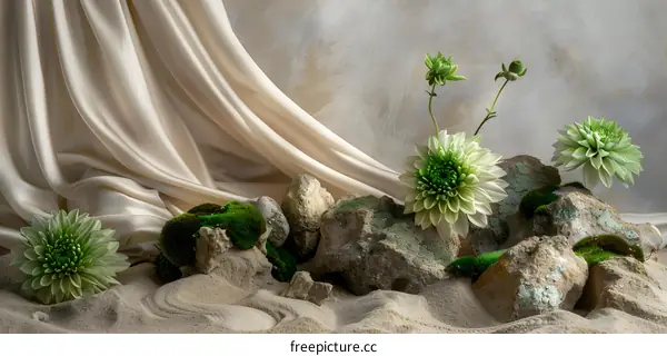 Green Flower Arrangement With Stones and Silk Fabric