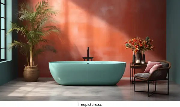 Bathroom interior with a blue bathtub and a pink chair