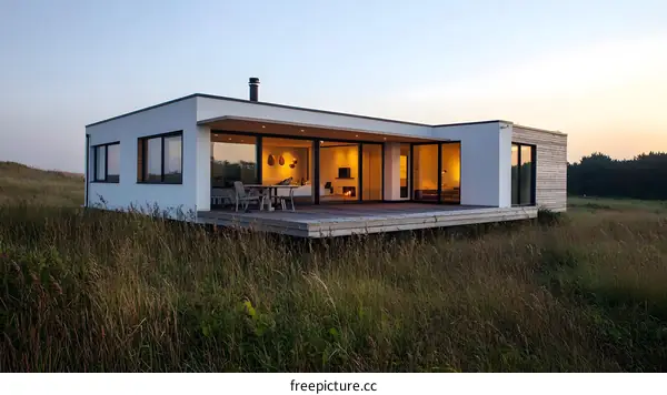 Modern House with Deck and Grass Field