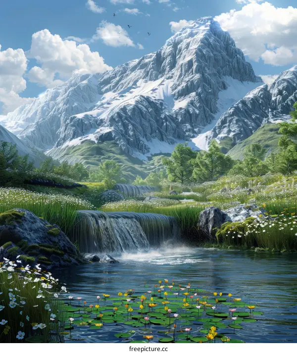 Majestic Snow-Capped Mountains with Cascading Waterfalls and a Serene River