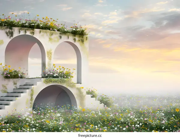 White Archway Structure in a Field of Flowers