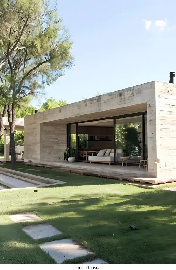 Modern Minimalist House With Stone Walls and Grass Lawn