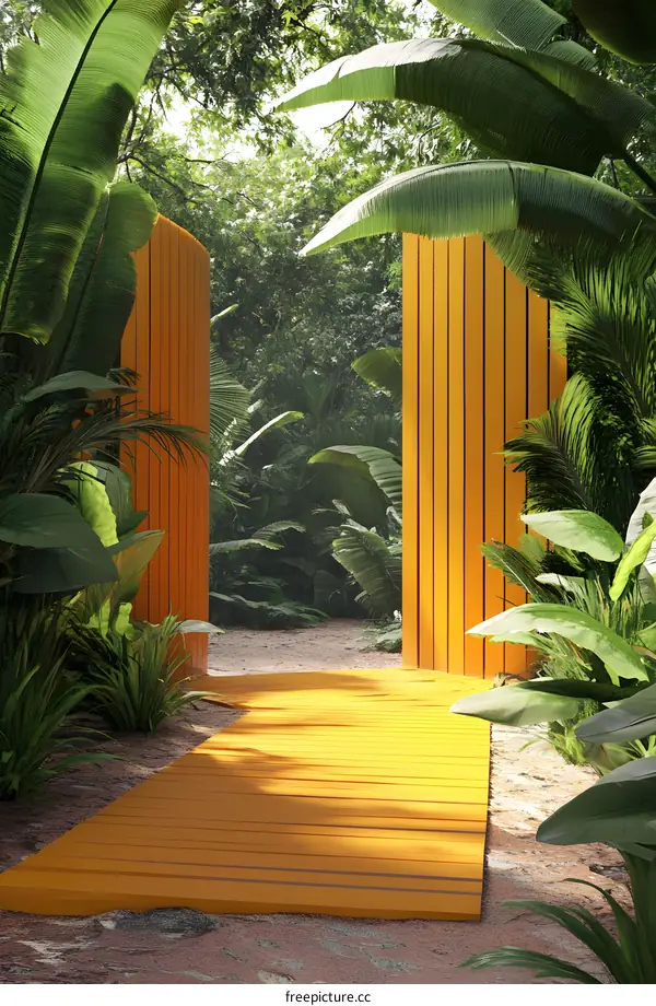 Yellow Wooden Pathway in a Lush Tropical Jungle