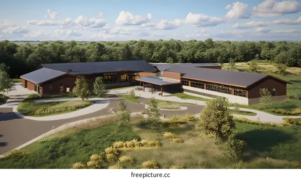 Modern Building Design with Solar Panels and Surrounding Greenery