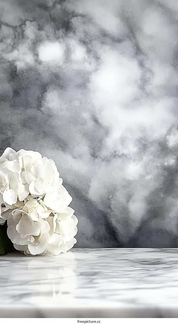 White Hydrangea on Marble Tabletop Background