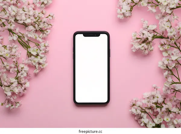 Pink Flowers And Smartphone On Pink Background Mockup