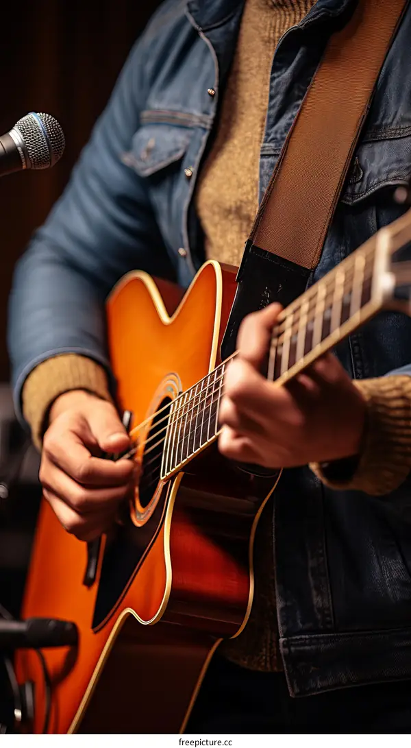 Close-up of a person playing an acoustic guitar