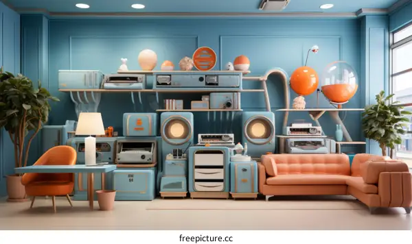 Blue and orange retrofuturistic room